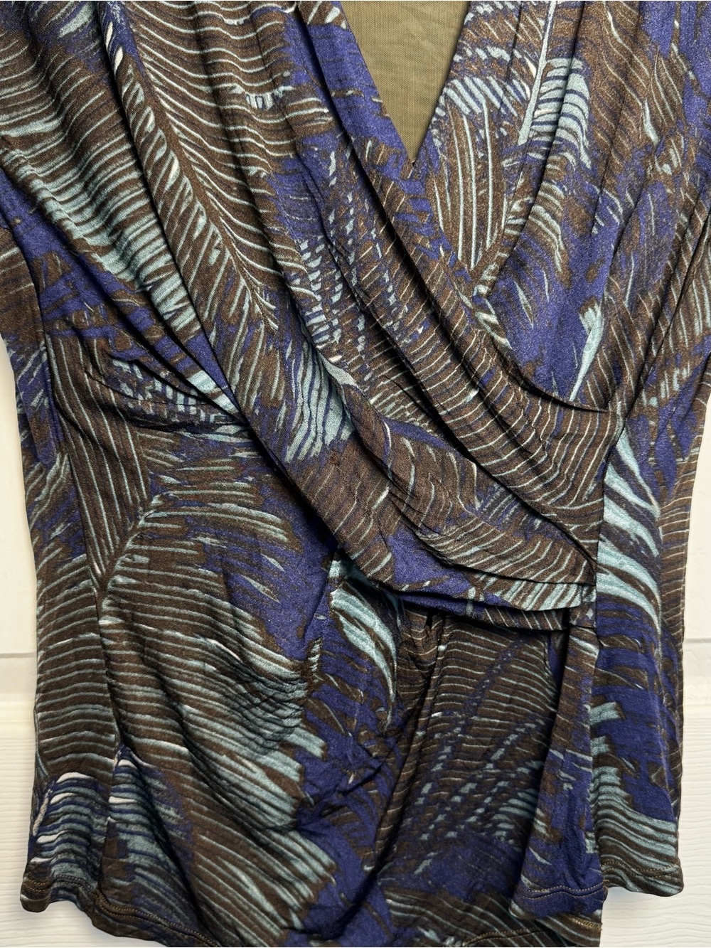 Max Mara Italy Draped Faux Wrap Top XL Blue Brown Abstract Jersey Quiet Luxury - Picture 8 of 13